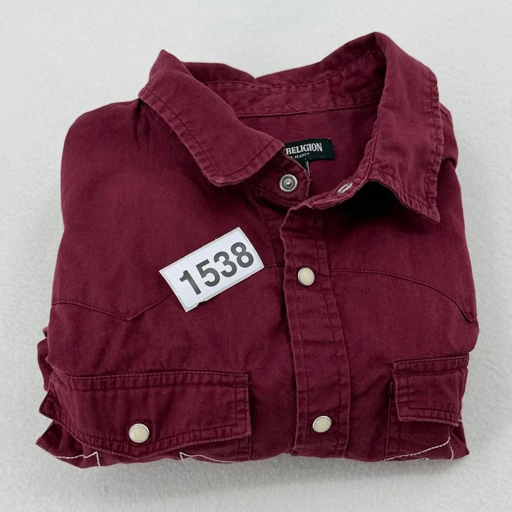 True Religion Western Shirt Mens Small Burgundy Pearl Snap Excellent